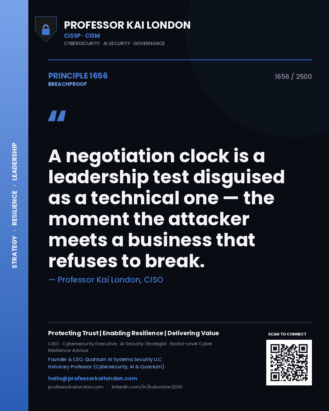 Quote card by Professor Kai London reading 'A negotiation clock is a leadership test disguised as a technical one — the moment the attacker meets a business that refuses to break.'. From the book Breachproof.
