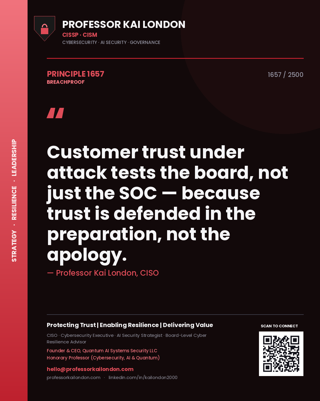 Quote card by Professor Kai London reading 'Customer trust under attack tests the board, not just the SOC — because trust is defended in the preparation, not the apology.'. From the book Breachproof.