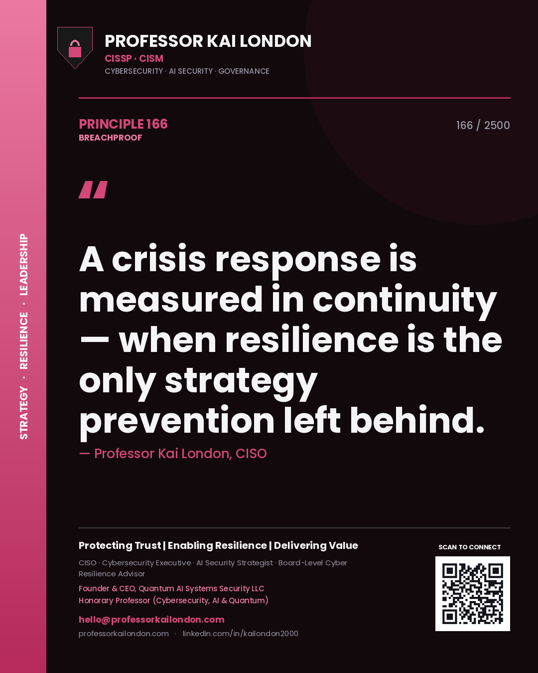 Quote card by Professor Kai London reading 'A crisis response is measured in continuity — when resilience is the only strategy prevention left behind.'. From the book Breachproof.