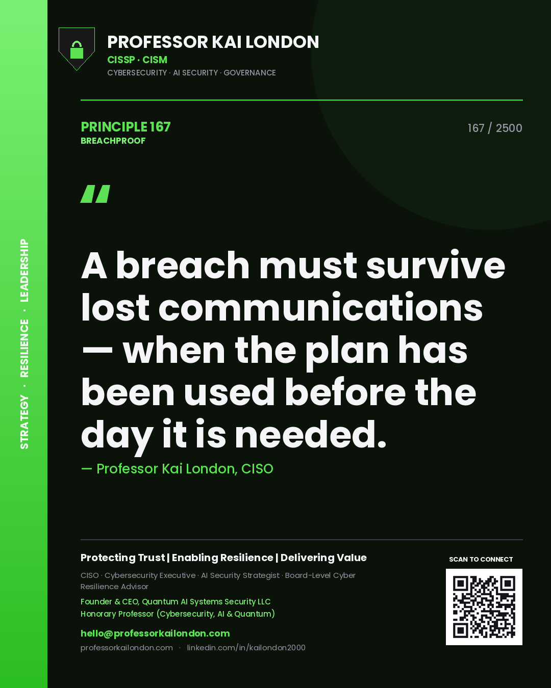 Quote card by Professor Kai London reading 'A breach must survive lost communications — when the plan has been used before the day it is needed.'. From the book Breachproof.