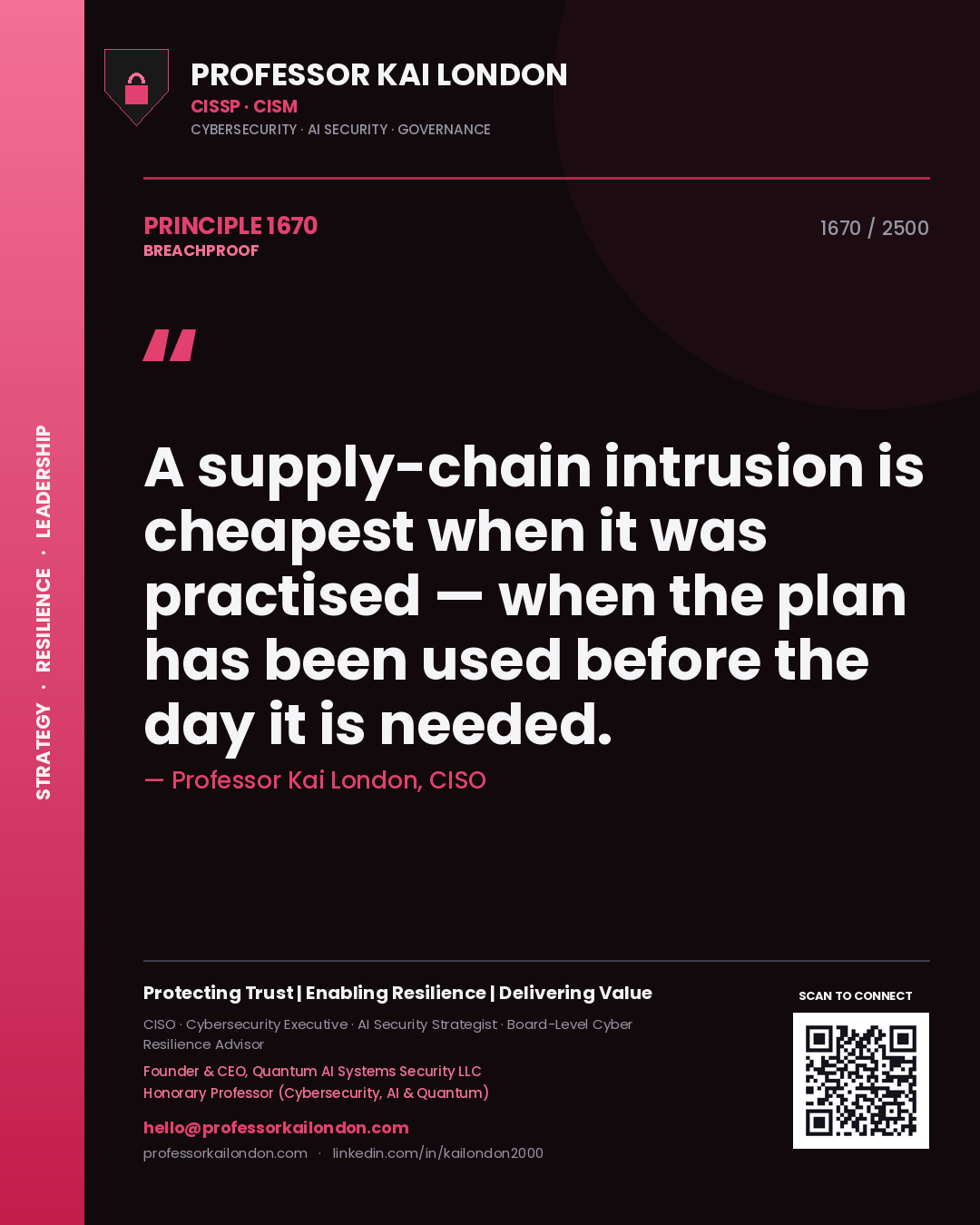 Quote card by Professor Kai London reading 'A supply-chain intrusion is cheapest when it was practised — when the plan has been used before the day it is needed.'. From the book Breachproof.