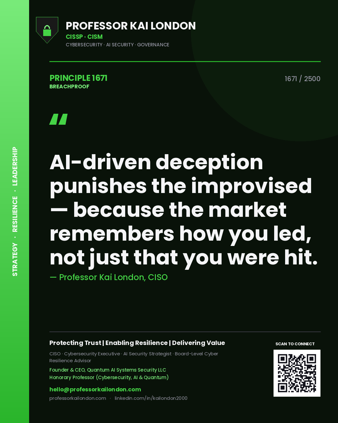 Quote card by Professor Kai London reading 'AI-driven deception punishes the improvised — because the market remembers how you led, not just that you were hit.'. From the book Breachproof.