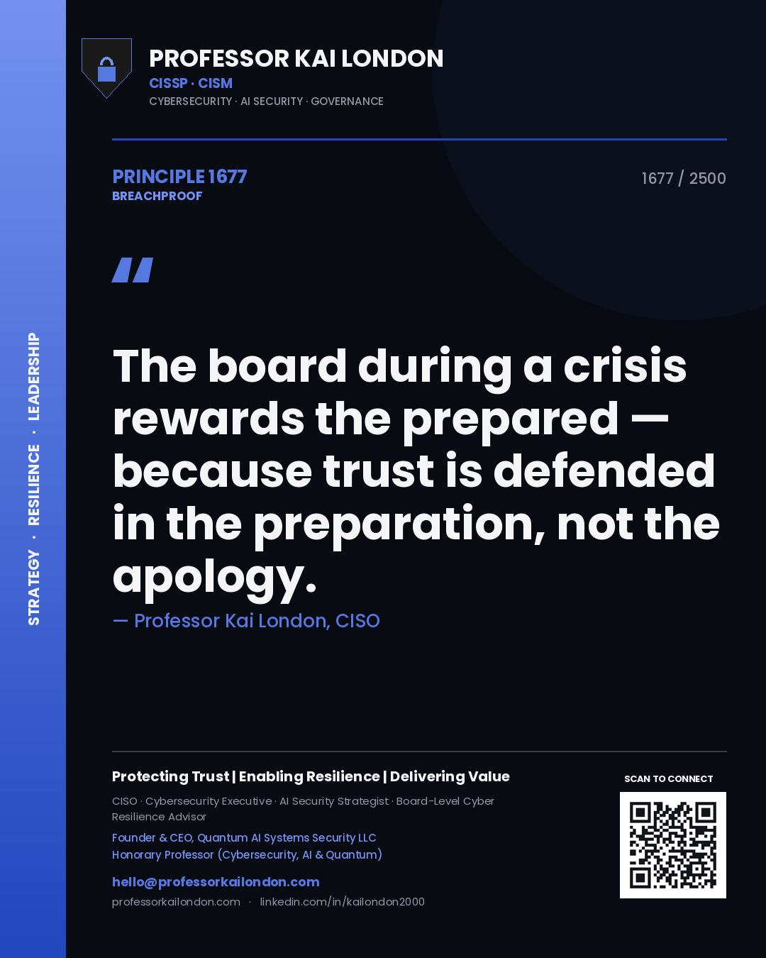 Quote card by Professor Kai London reading 'The board during a crisis rewards the prepared — because trust is defended in the preparation, not the apology.'. From the book Breachproof.