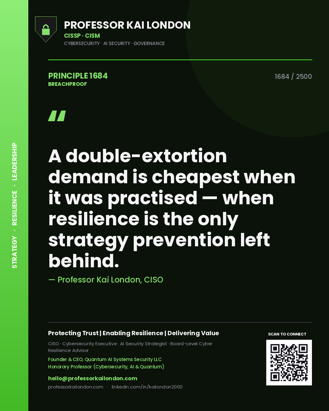 Quote card by Professor Kai London reading 'A double-extortion demand is cheapest when it was practised — when resilience is the only strategy prevention left behind.'. From the book Breachproof.