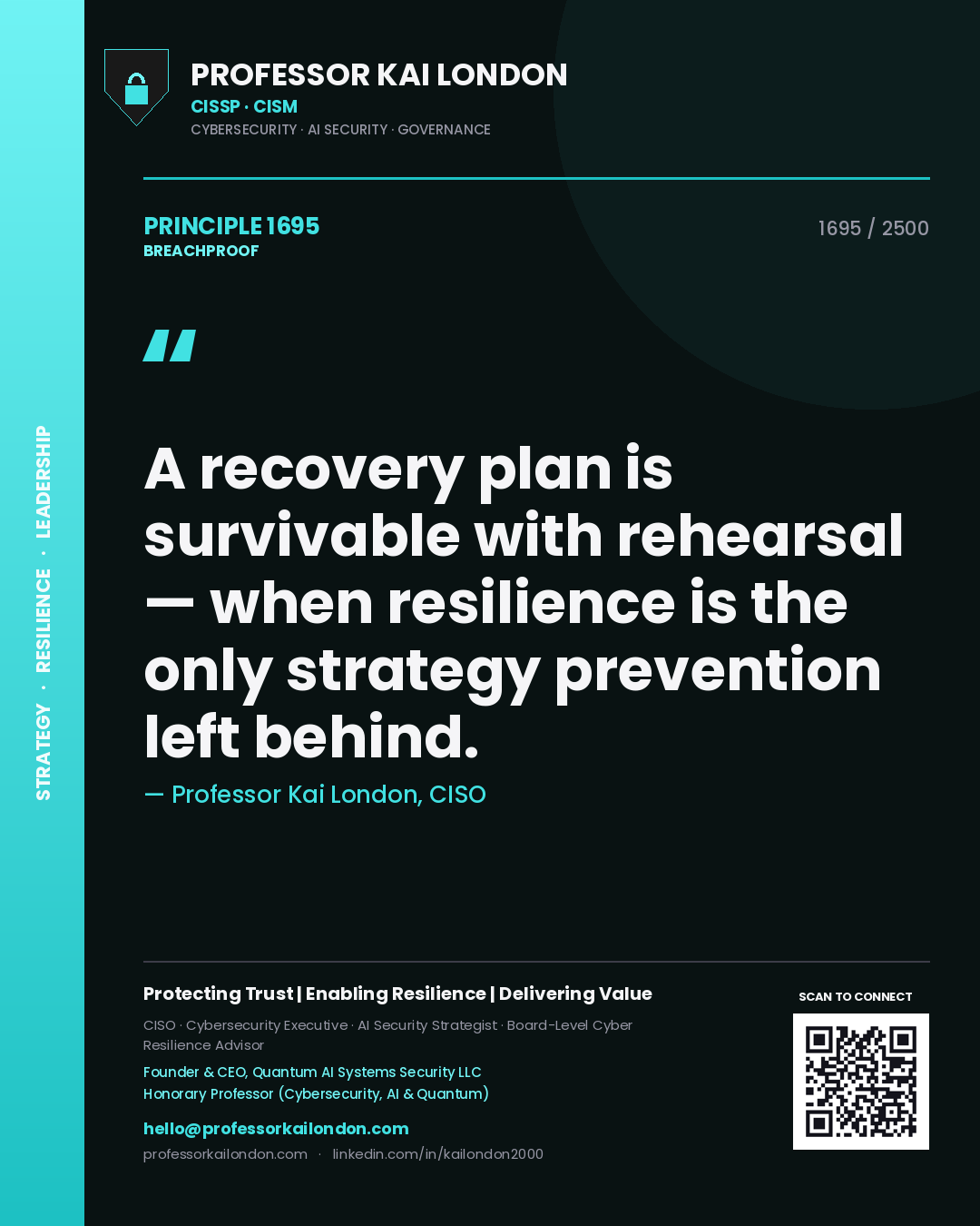 Quote card by Professor Kai London reading 'A recovery plan is survivable with rehearsal — when resilience is the only strategy prevention left behind.'. From the book Breachproof.