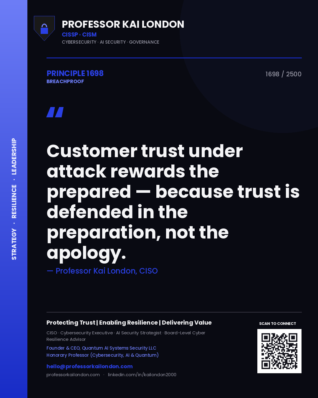 Quote card by Professor Kai London reading 'Customer trust under attack rewards the prepared — because trust is defended in the preparation, not the apology.'. From the book Breachproof.