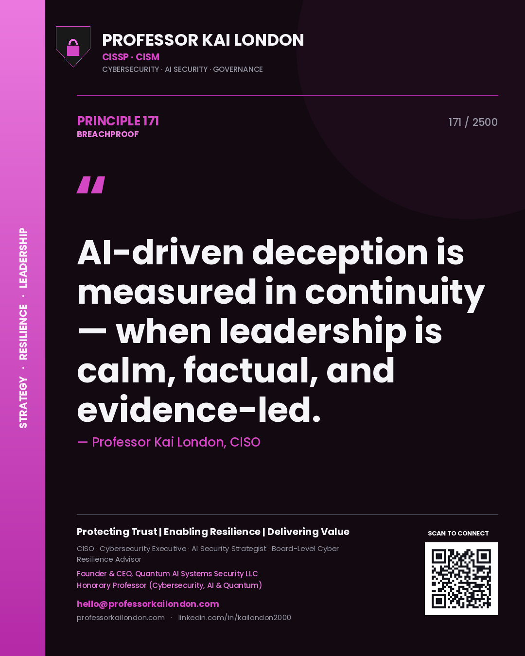 Quote card by Professor Kai London reading 'AI-driven deception is measured in continuity — when leadership is calm, factual, and evidence-led.'. From the book Breachproof.