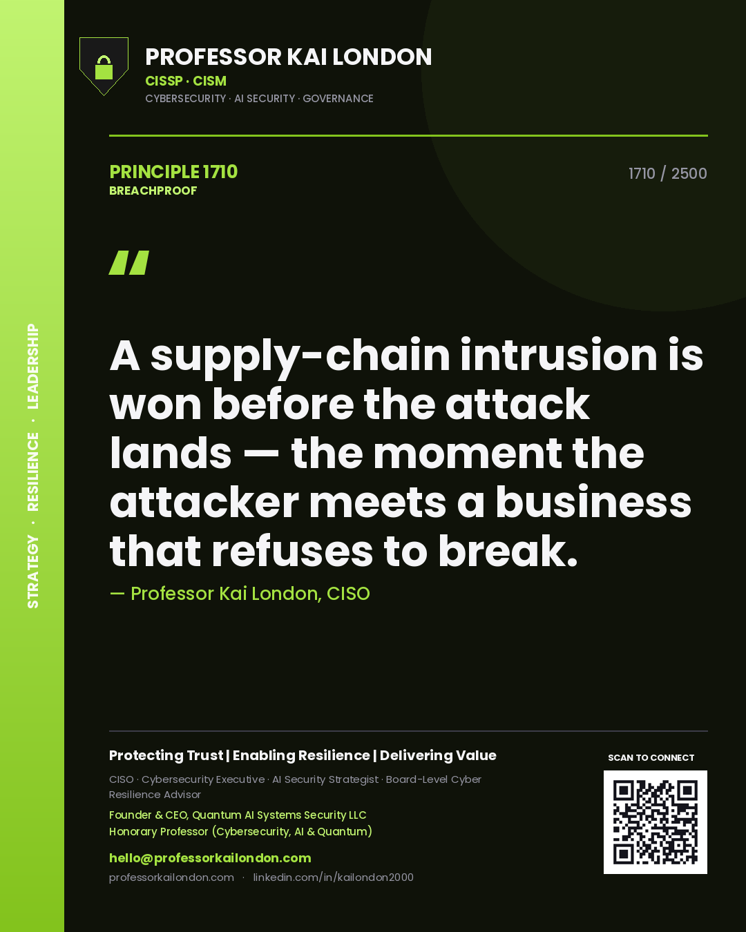 Quote card by Professor Kai London reading 'A supply-chain intrusion is won before the attack lands — the moment the attacker meets a business that refuses to break.'. From the book Breachproof.