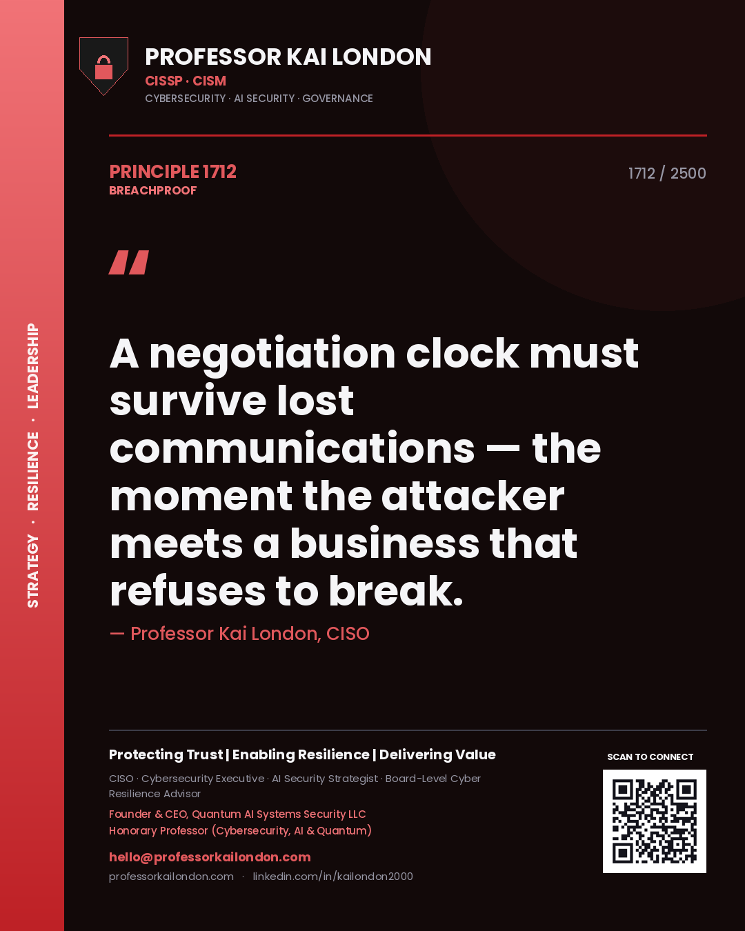 Quote card by Professor Kai London reading 'A negotiation clock must survive lost communications — the moment the attacker meets a business that refuses to break.'. From the book Breachproof.