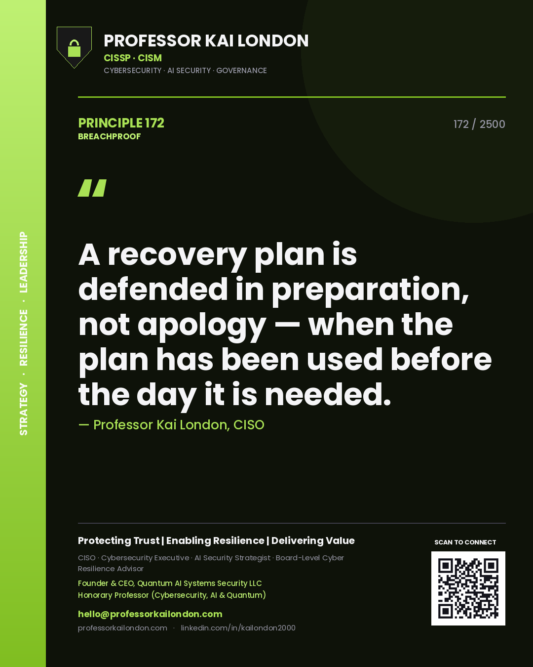 Quote card by Professor Kai London reading 'A recovery plan is defended in preparation, not apology — when the plan has been used before the day it is needed.'. From the book Breachproof.