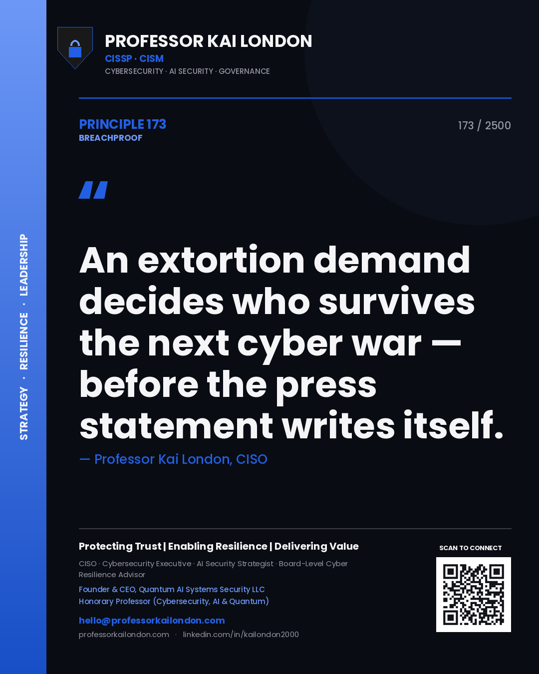 Quote card by Professor Kai London reading 'An extortion demand decides who survives the next cyber war — before the press statement writes itself.'. From the book Breachproof.