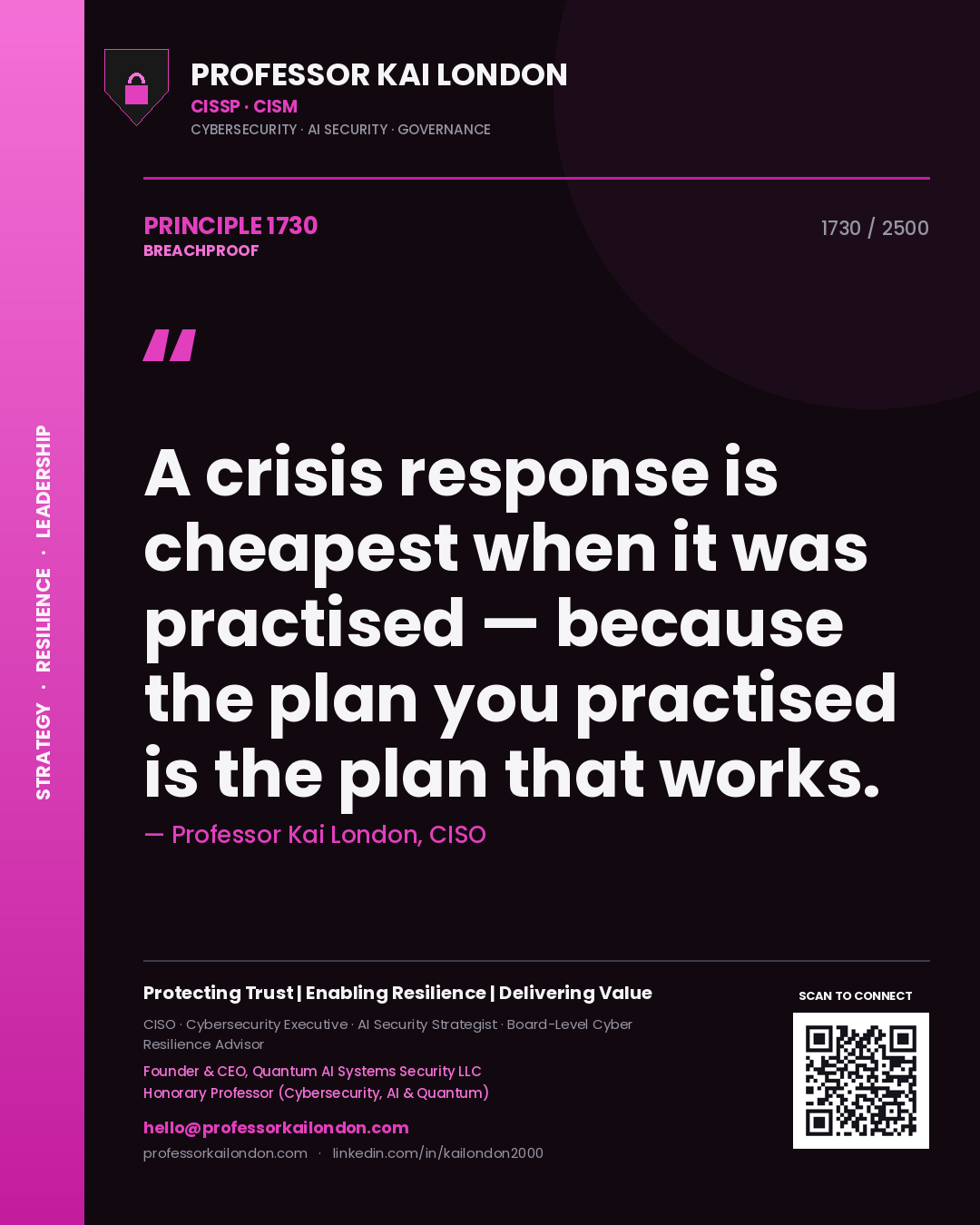 Professor Kai London principle 1730: A crisis response is cheapest when it was practised — because the plan you practised is the plan that works.