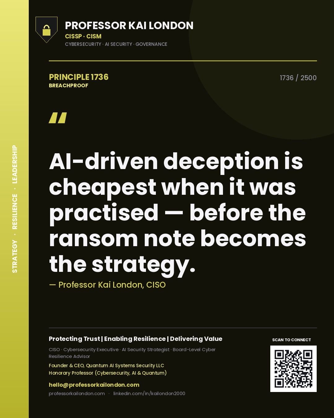 Quote card by Professor Kai London reading 'AI-driven deception is cheapest when it was practised — before the ransom note becomes the strategy.'. From the book Breachproof.
