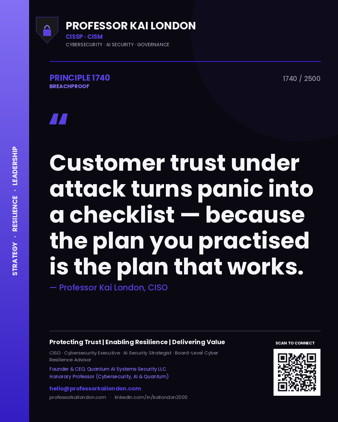 Quote card by Professor Kai London reading 'Customer trust under attack turns panic into a checklist — because the plan you practised is the plan that works.'. From the book Breachproof.