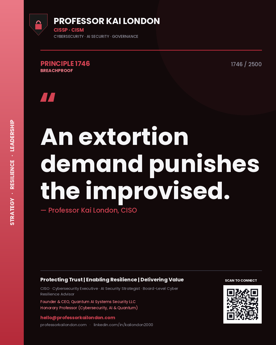 Quote card by Professor Kai London reading 'An extortion demand punishes the improvised.'. From the book Breachproof.