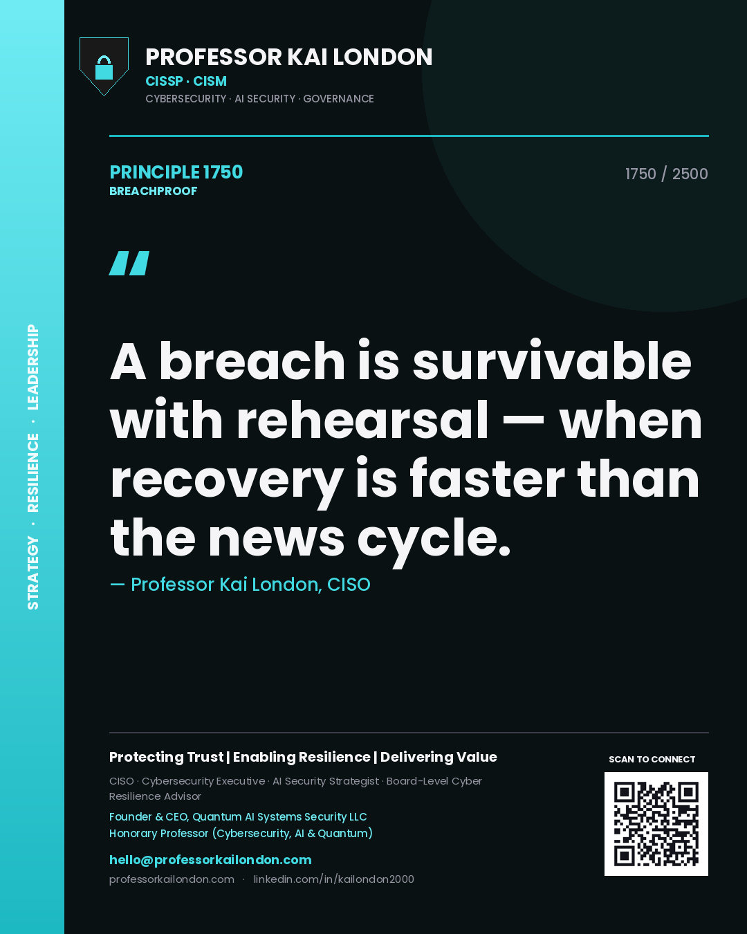Quote card by Professor Kai London reading 'A breach is survivable with rehearsal — when recovery is faster than the news cycle.'. From the book Breachproof.