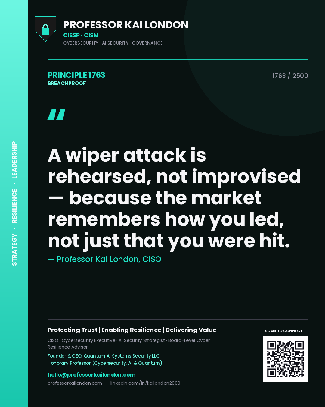 Quote card by Professor Kai London reading 'A wiper attack is rehearsed, not improvised — because the market remembers how you led, not just that you were hit.'. From the book Breachproof.