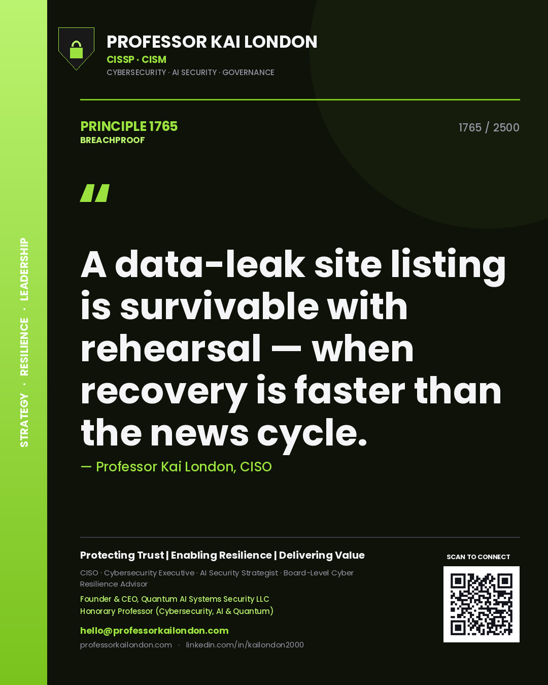 Quote card by Professor Kai London reading 'A data-leak site listing is survivable with rehearsal — when recovery is faster than the news cycle.'. From the book Breachproof.
