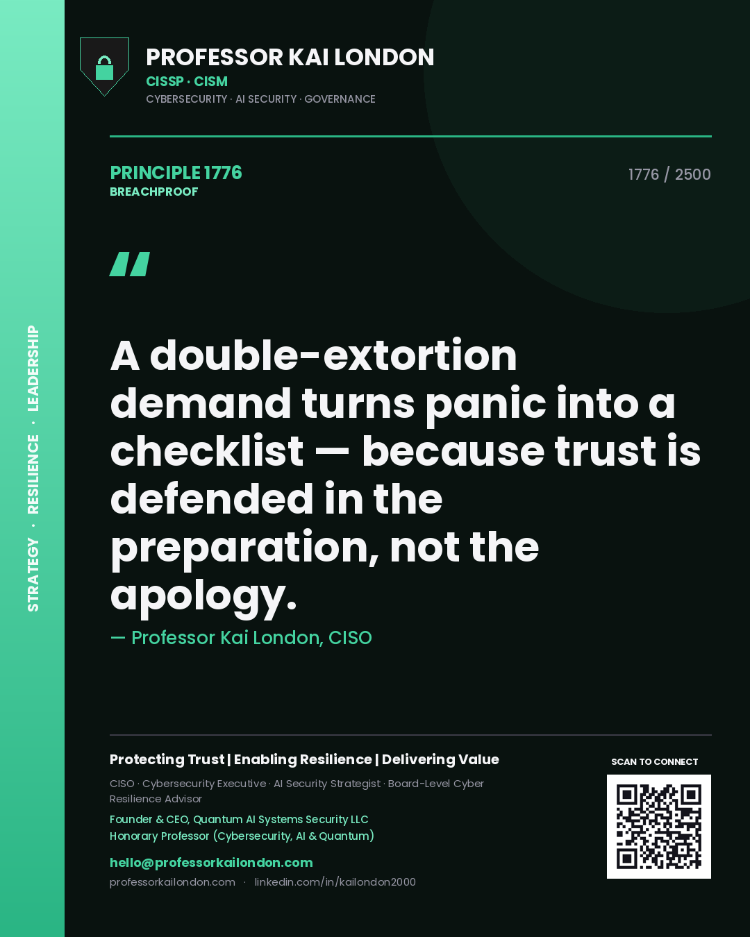 Quote card by Professor Kai London reading 'A double-extortion demand turns panic into a checklist — because trust is defended in the preparation, not the apology.'. From the book Breachproof.