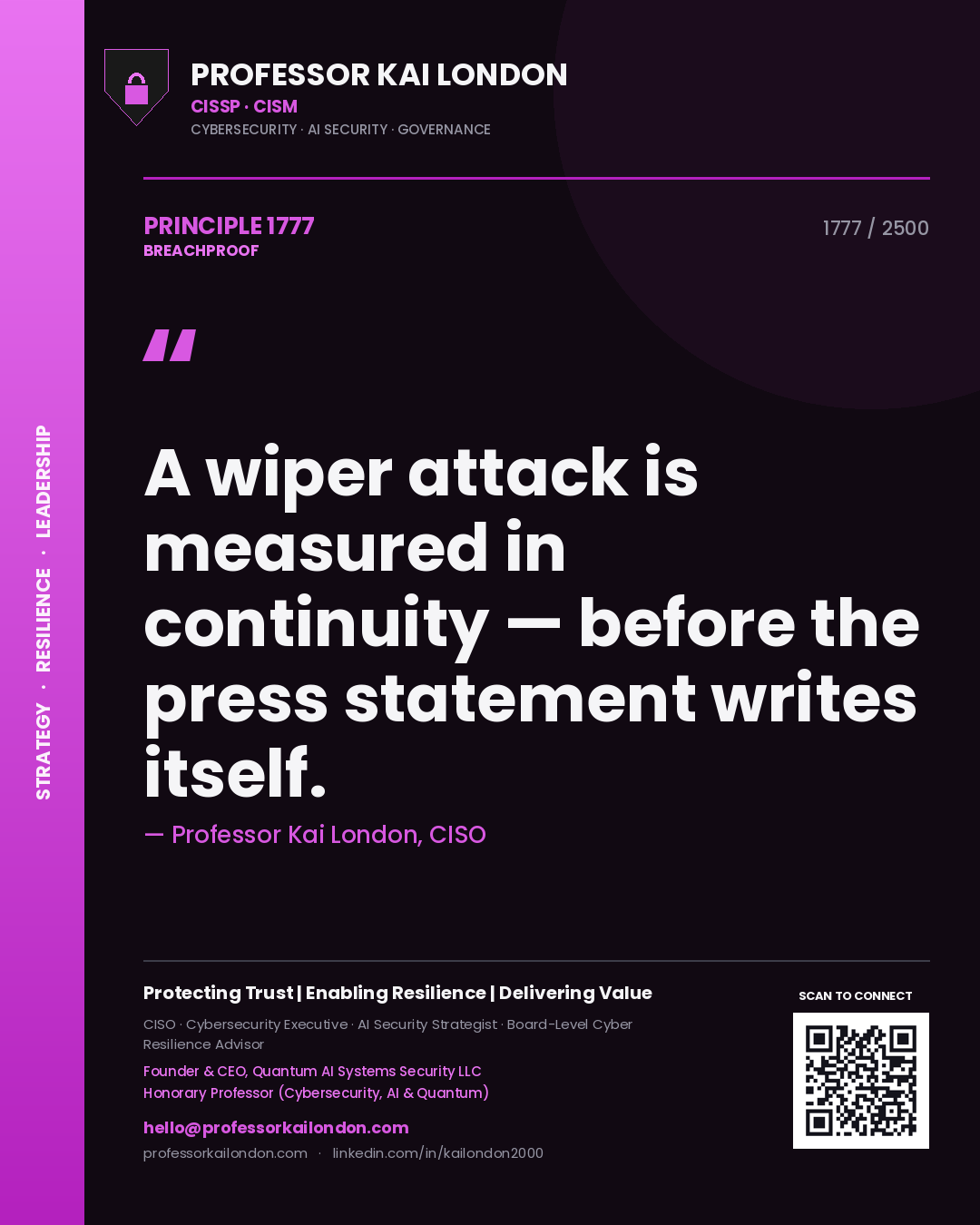 Quote card by Professor Kai London reading 'A wiper attack is measured in continuity — before the press statement writes itself.'. From the book Breachproof.