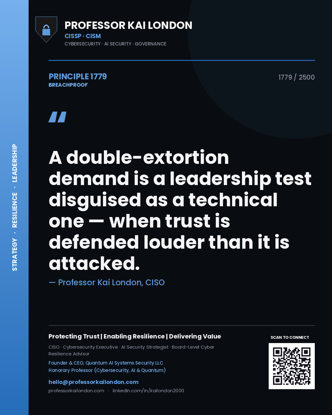 Quote card by Professor Kai London reading 'A double-extortion demand is a leadership test disguised as a technical one — when trust is defended louder than it is attacked.'. From the book Breachproof.