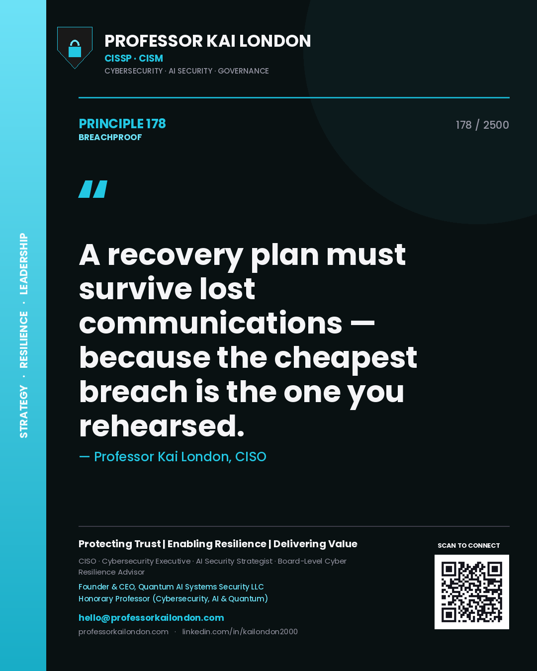Quote card by Professor Kai London reading 'A recovery plan must survive lost communications — because the cheapest breach is the one you rehearsed.'. From the book Breachproof.
