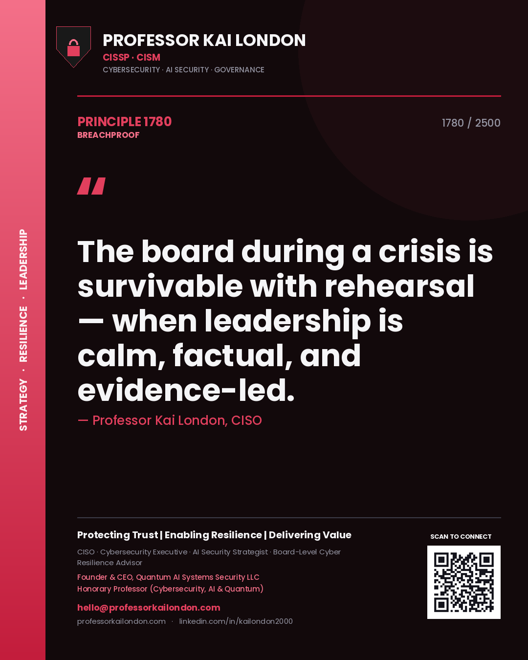 Quote card by Professor Kai London reading 'The board during a crisis is survivable with rehearsal — when leadership is calm, factual, and evidence-led.'. From the book Breachproof.