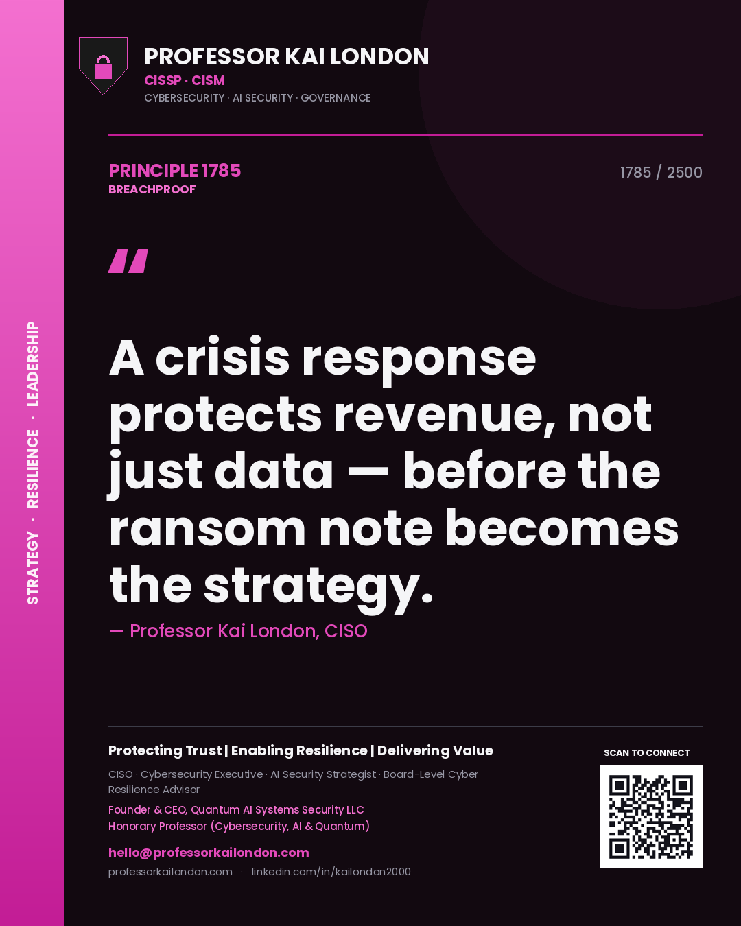 Quote card by Professor Kai London reading 'A crisis response protects revenue, not just data — before the ransom note becomes the strategy.'. From the book Breachproof.
