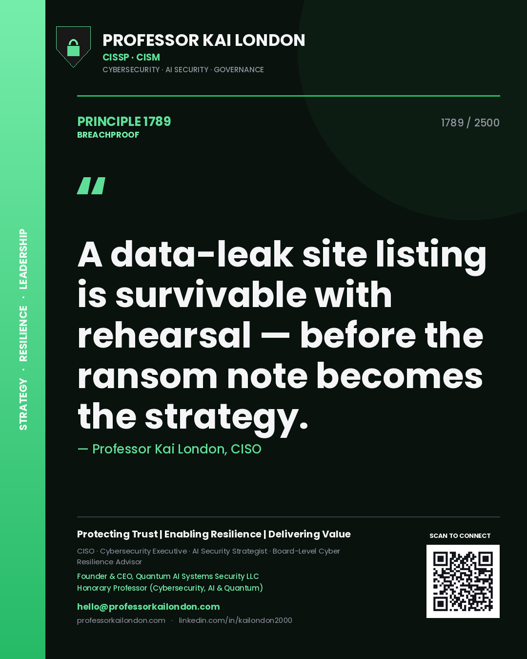 Quote card by Professor Kai London reading 'A data-leak site listing is survivable with rehearsal — before the ransom note becomes the strategy.'. From the book Breachproof.