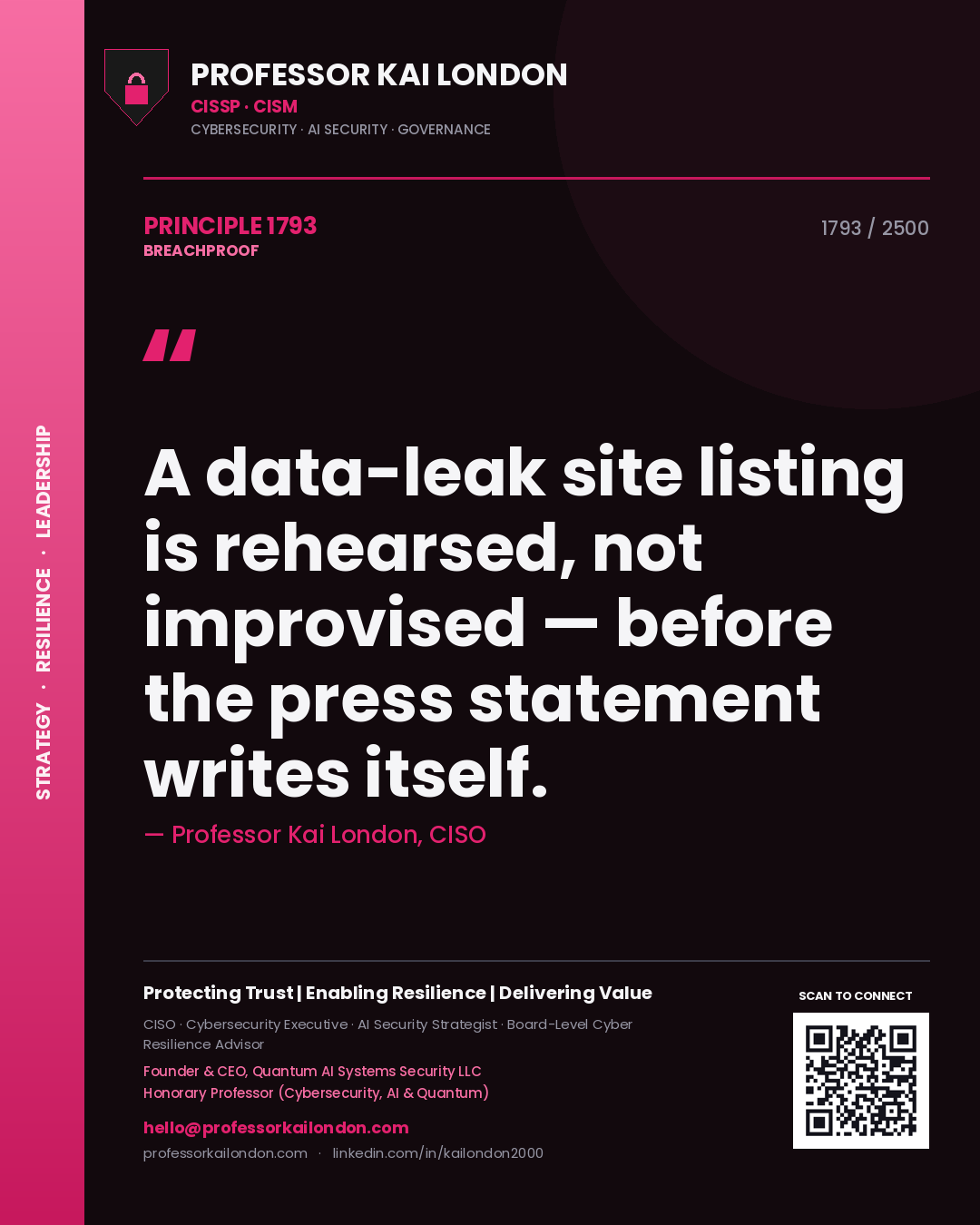 Quote card by Professor Kai London reading 'A data-leak site listing is rehearsed, not improvised — before the press statement writes itself.'. From the book Breachproof.