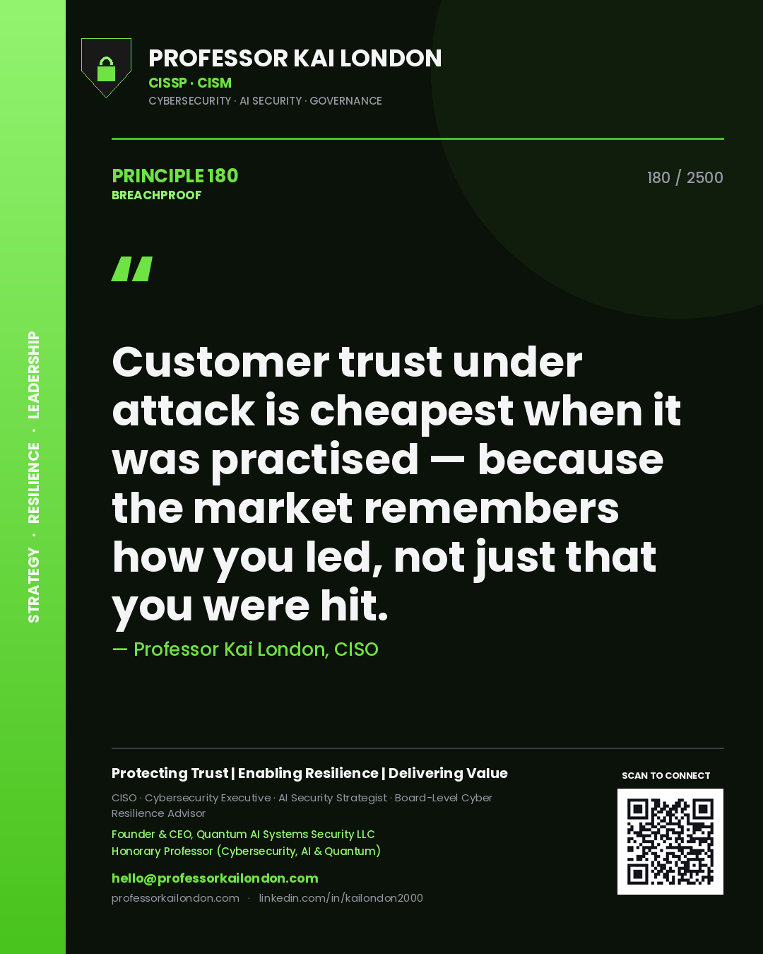 Professor Kai London principle 180: Customer trust under attack is cheapest when it was practised — because the market remembers how you led, not just that you were hit.