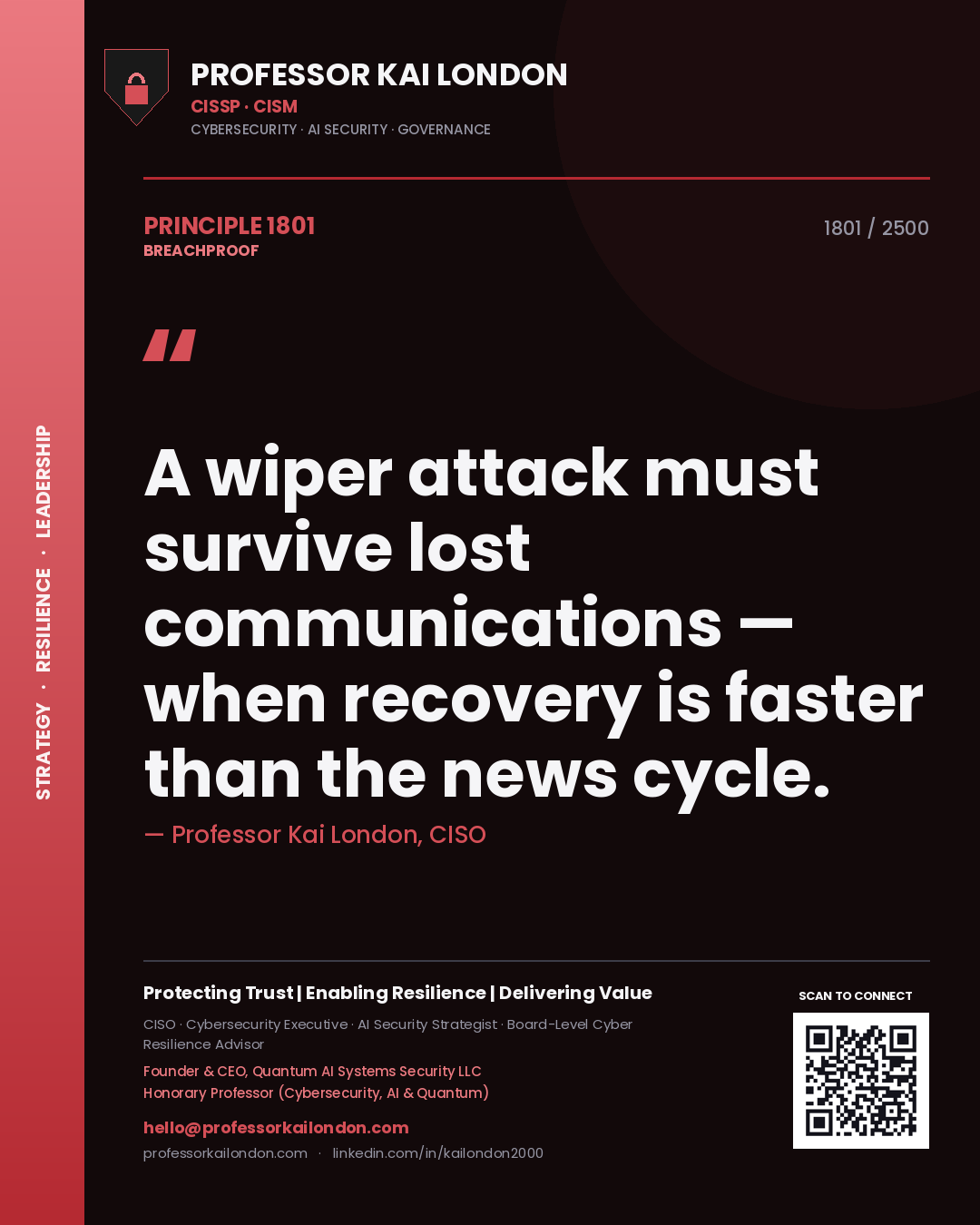 Professor Kai London principle 1801: A wiper attack must survive lost communications — when recovery is faster than the news cycle.