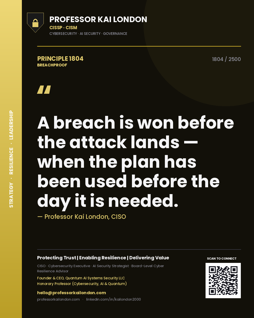Professor Kai London principle 1804: A breach is won before the attack lands — when the plan has been used before the day it is needed.