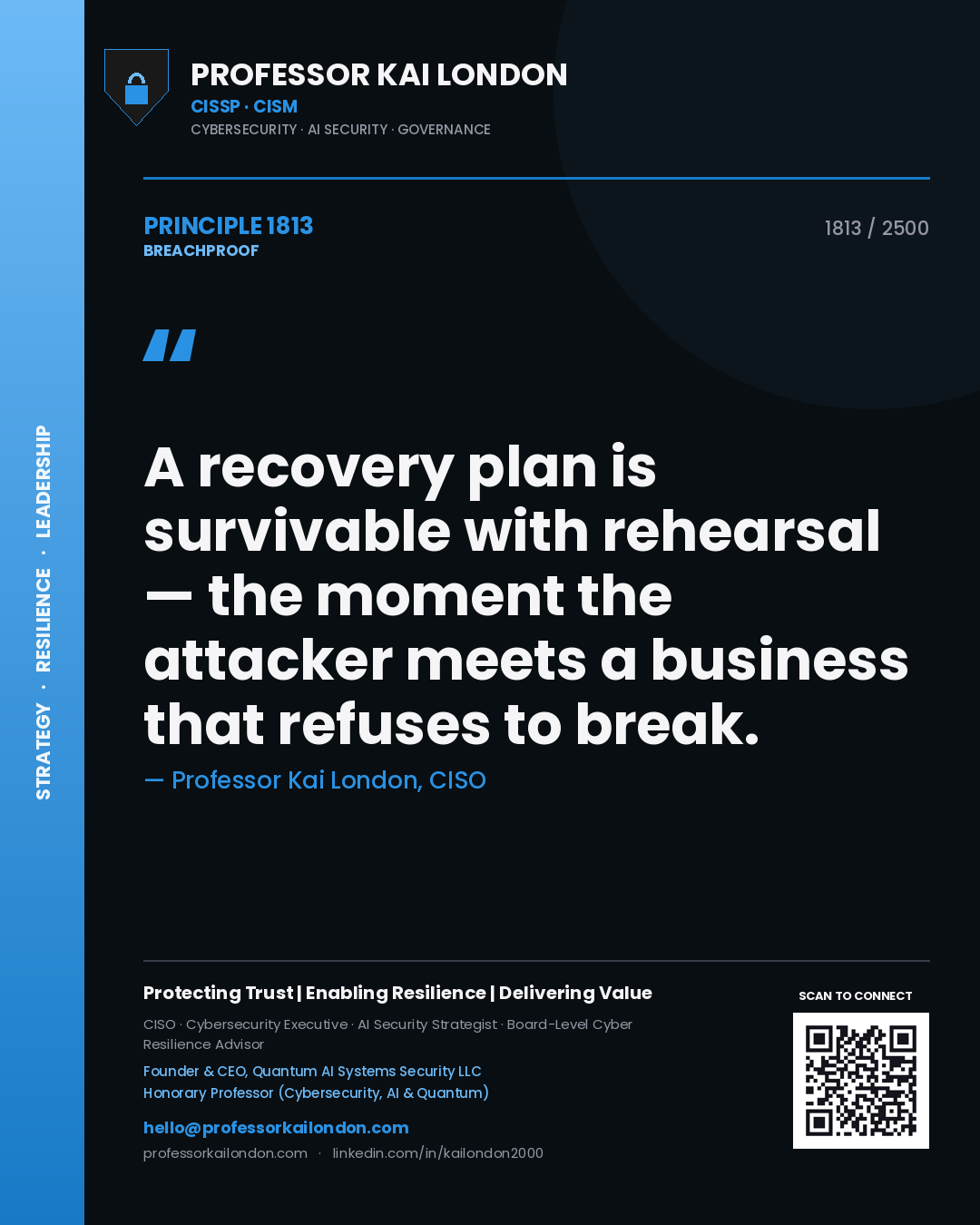 Professor Kai London principle 1813: A recovery plan is survivable with rehearsal — the moment the attacker meets a business that refuses to break.