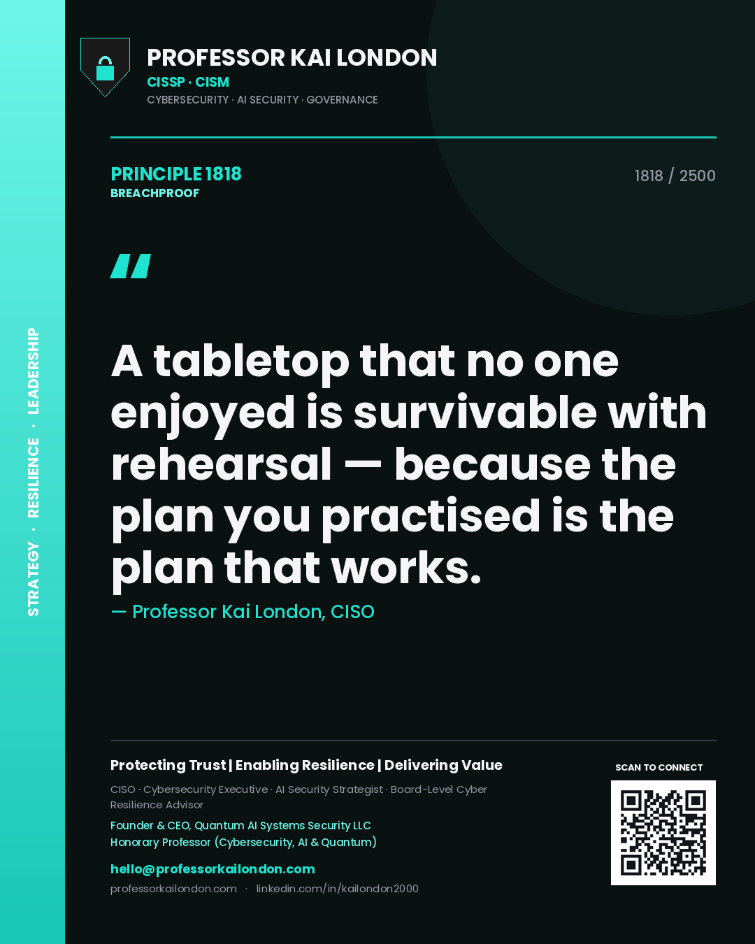 Quote card by Professor Kai London reading 'A tabletop that no one enjoyed is survivable with rehearsal — because the plan you practised is the plan that works.'. From the book Breachproof.