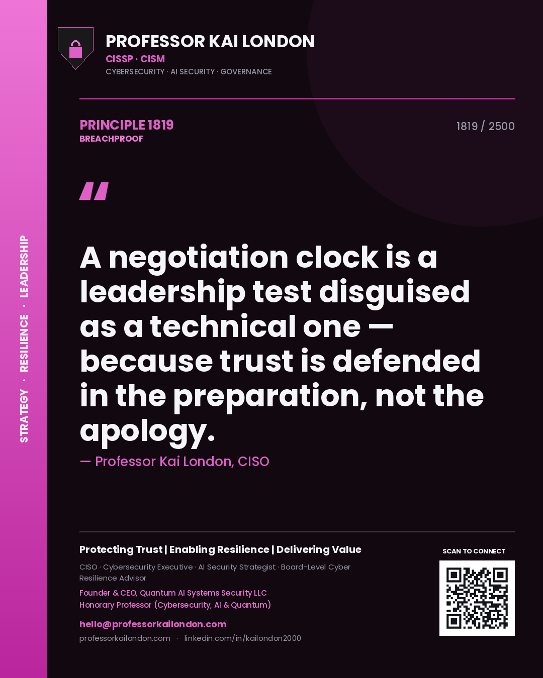Professor Kai London principle 1819: A negotiation clock is a leadership test disguised as a technical one — because trust is defended in the preparation, not the apology.