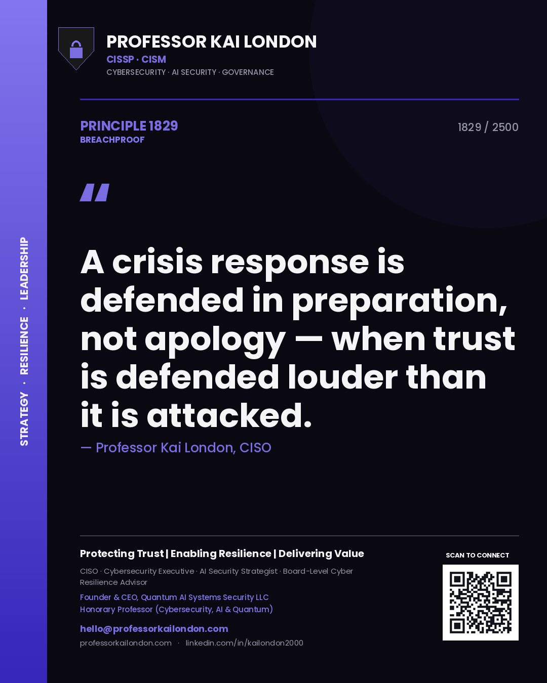 Professor Kai London principle 1829: A crisis response is defended in preparation, not apology — when trust is defended louder than it is attacked.