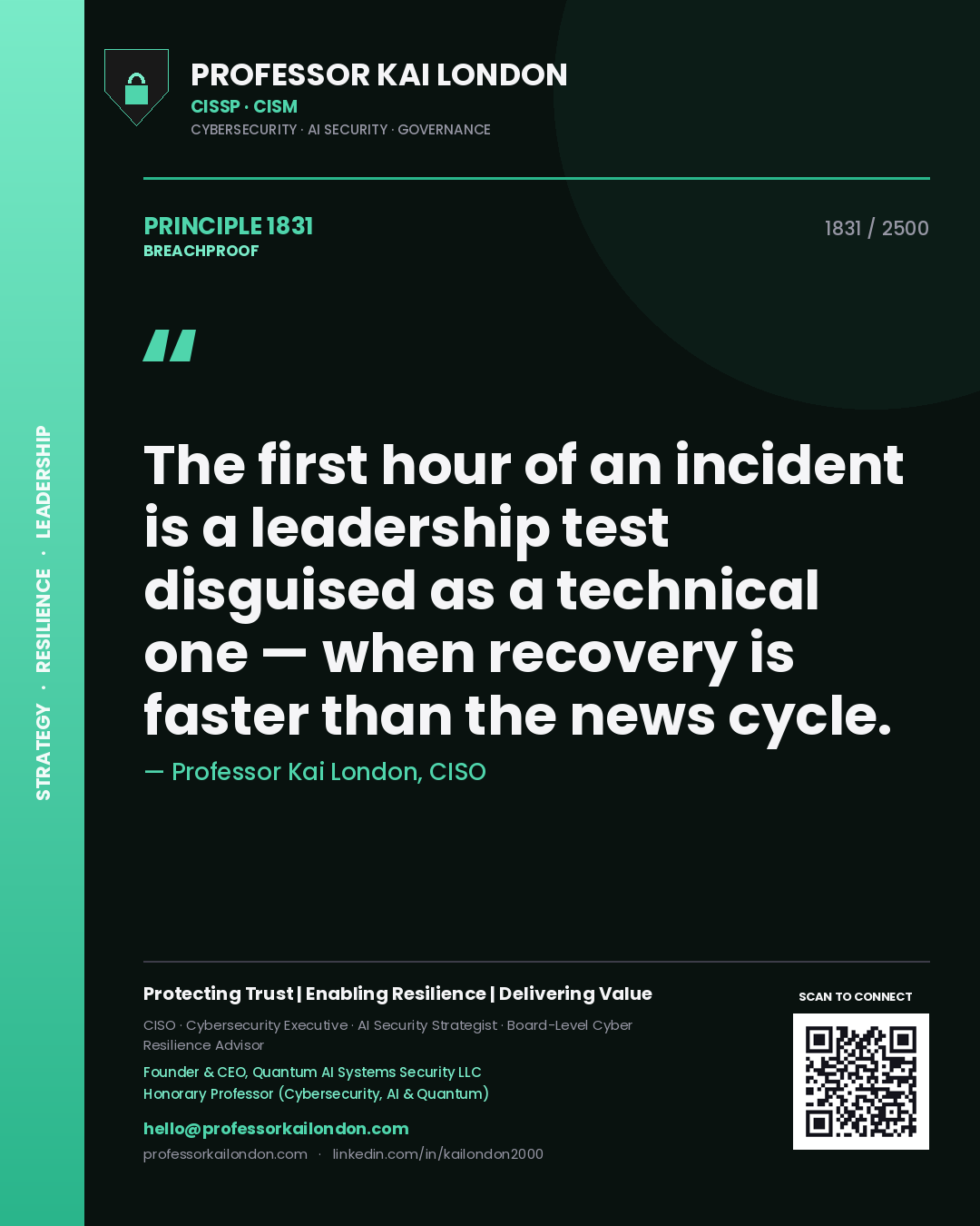 Professor Kai London principle 1831: The first hour of an incident is a leadership test disguised as a technical one — when recovery is faster than the news cycle.