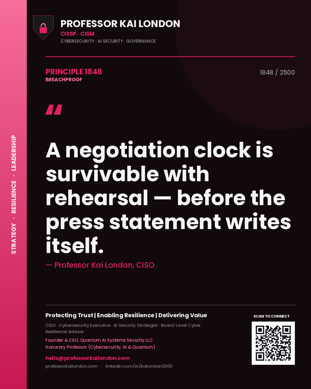 Quote card by Professor Kai London reading 'A negotiation clock is survivable with rehearsal — before the press statement writes itself.'. From the book Breachproof.