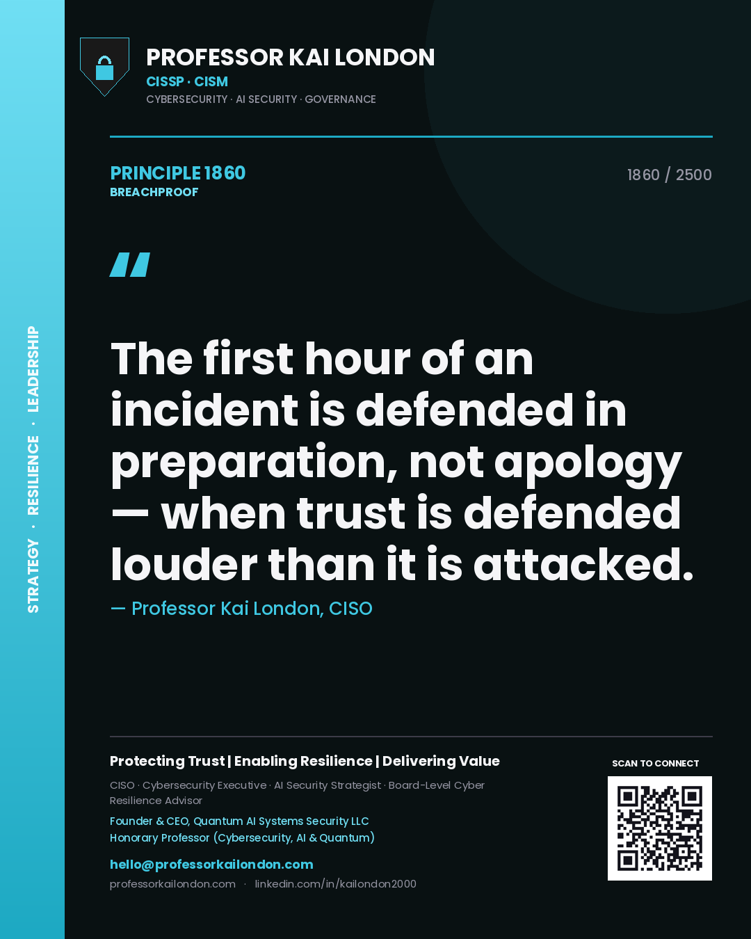 Quote card by Professor Kai London reading 'The first hour of an incident is defended in preparation, not apology — when trust is defended louder than it is attacked.'. From the book Breachproof.