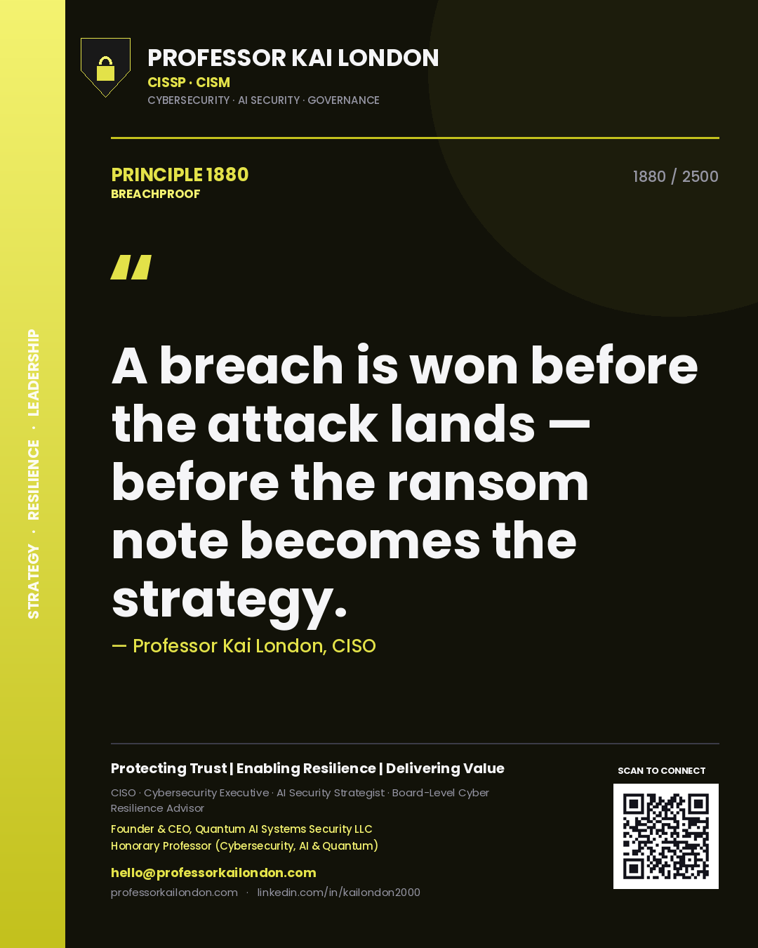 Professor Kai London principle 1880: A breach is won before the attack lands — before the ransom note becomes the strategy.