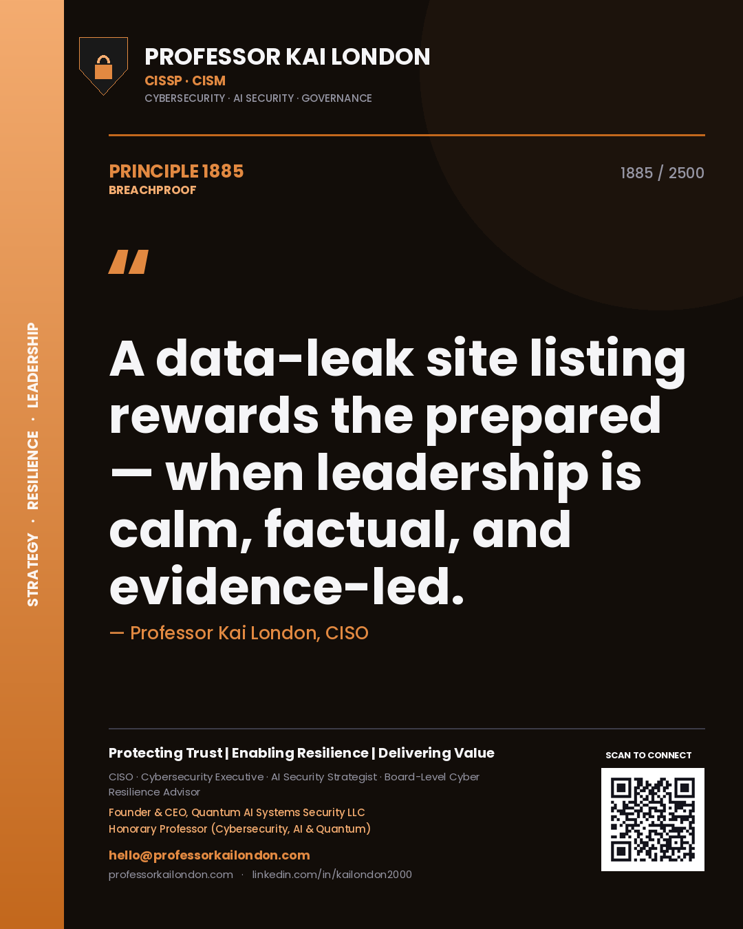 Quote card by Professor Kai London reading 'A data-leak site listing rewards the prepared — when leadership is calm, factual, and evidence-led.'. From the book Breachproof.
