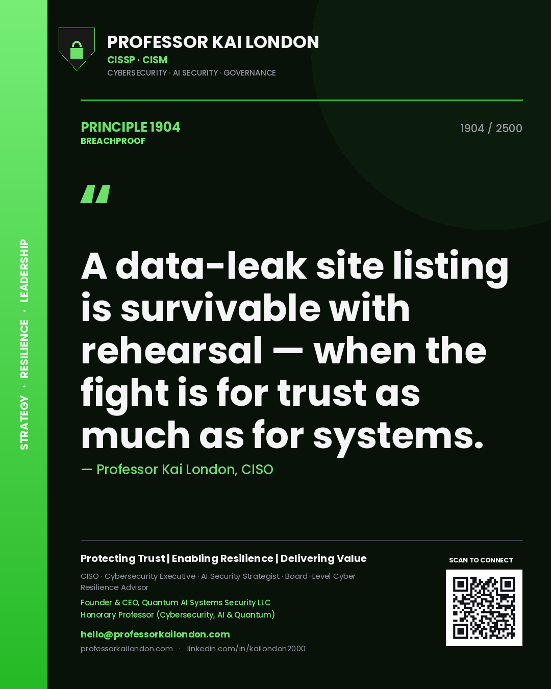 Quote card by Professor Kai London reading 'A data-leak site listing is survivable with rehearsal — when the fight is for trust as much as for systems.'. From the book Breachproof.