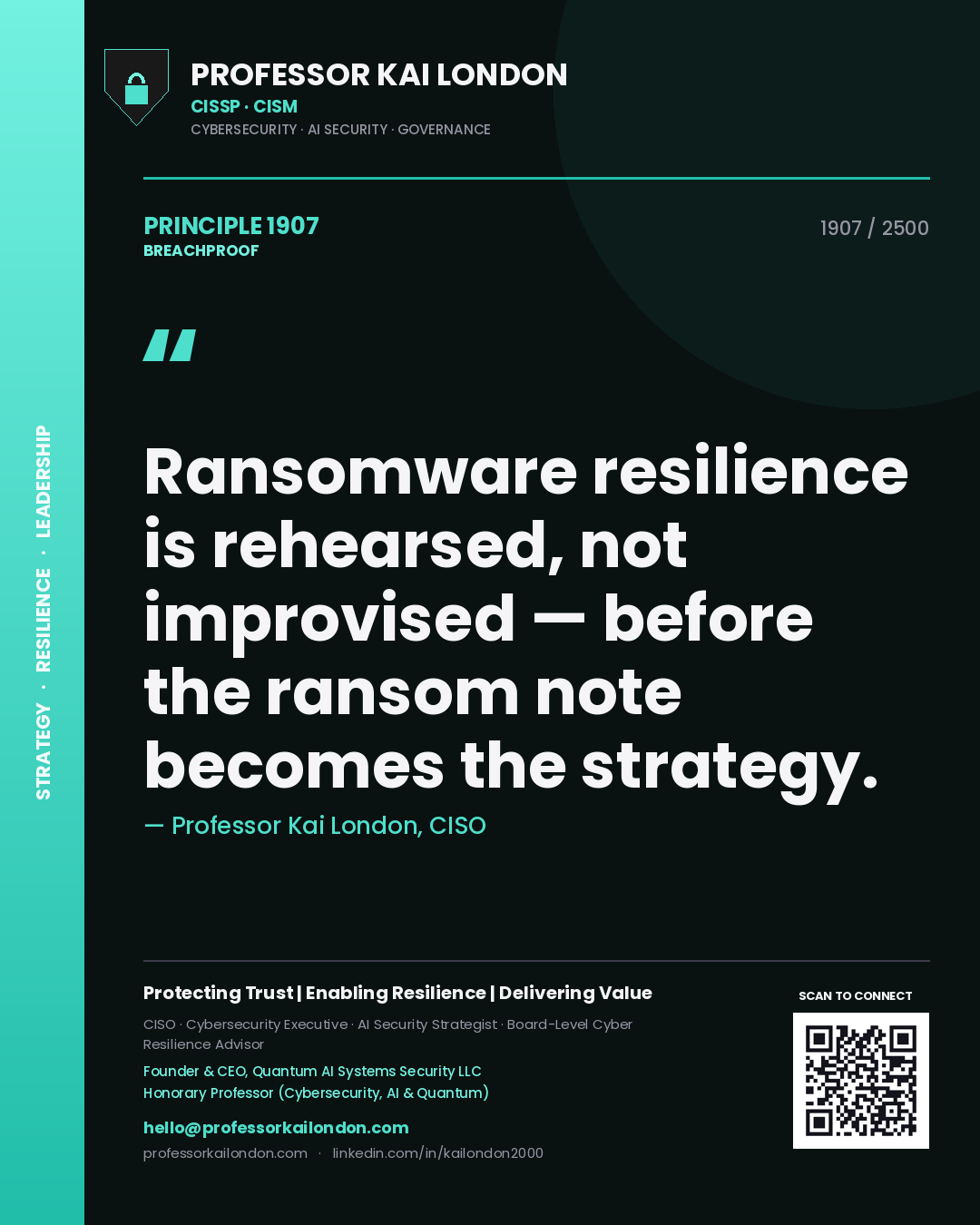 Quote card by Professor Kai London reading 'Ransomware resilience is rehearsed, not improvised — before the ransom note becomes the strategy.'. From the book Breachproof.