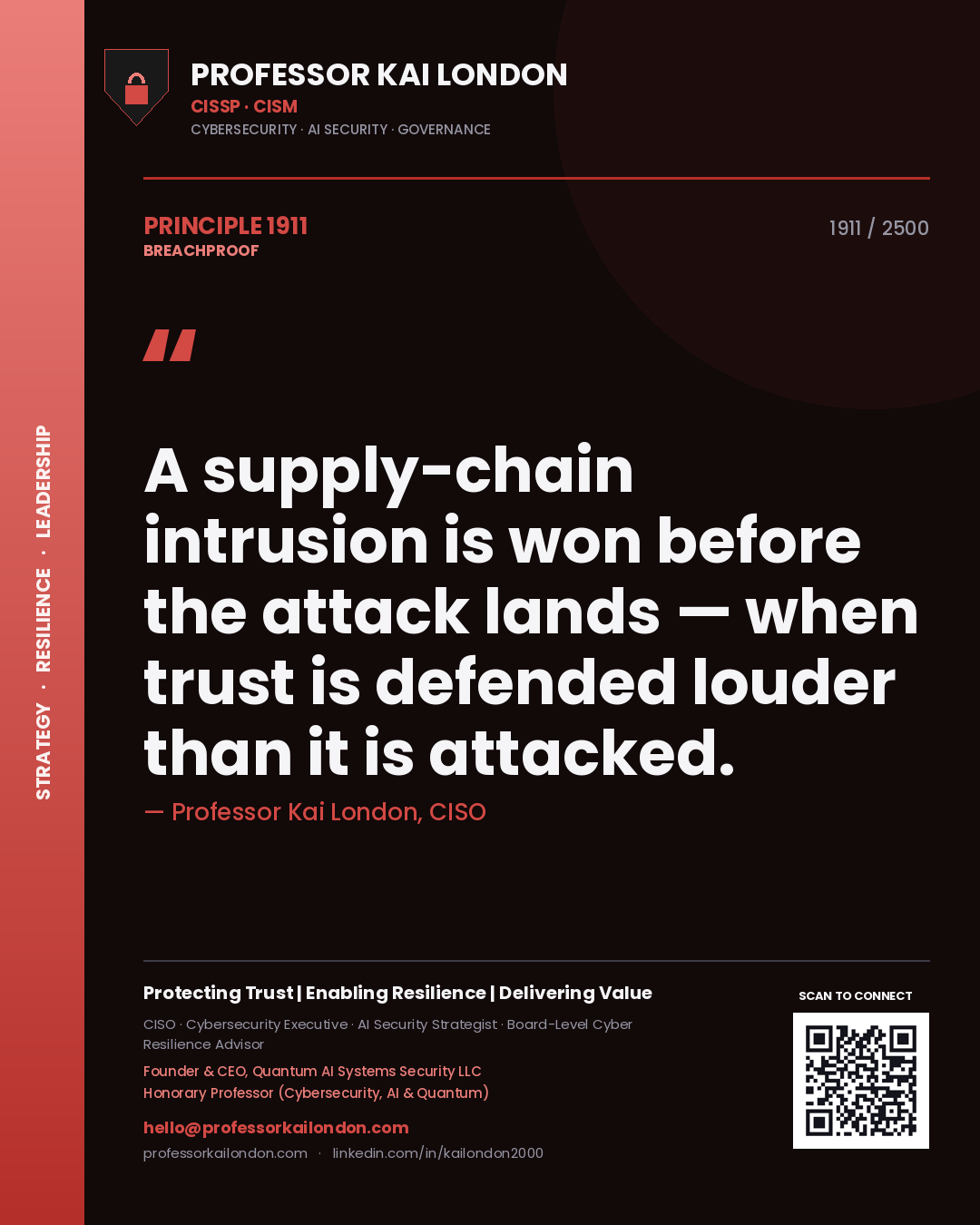 Quote card by Professor Kai London reading 'A supply-chain intrusion is won before the attack lands — when trust is defended louder than it is attacked.'. From the book Breachproof.