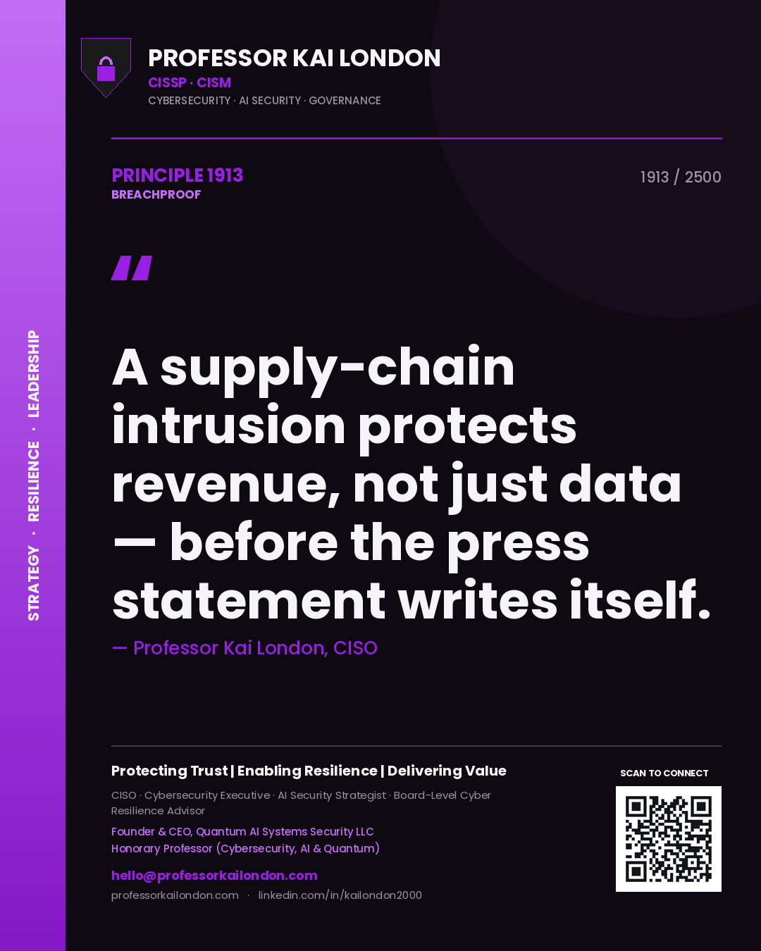 Quote card by Professor Kai London reading 'A supply-chain intrusion protects revenue, not just data — before the press statement writes itself.'. From the book Breachproof.