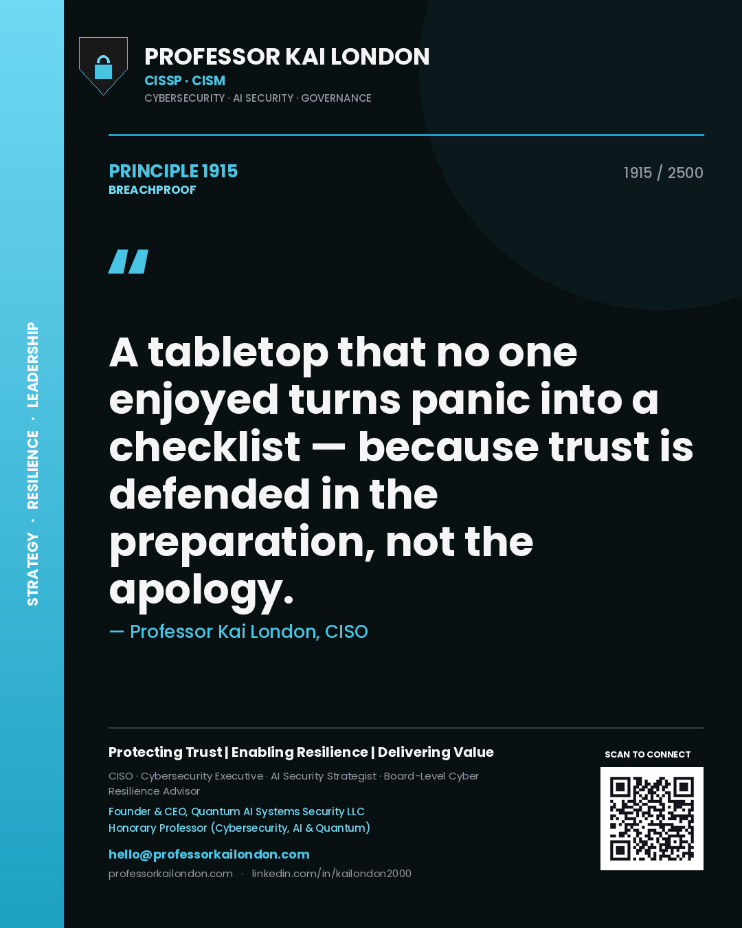 Quote card by Professor Kai London reading 'A tabletop that no one enjoyed turns panic into a checklist — because trust is defended in the preparation, not the apology.'. From the book Breachproof.