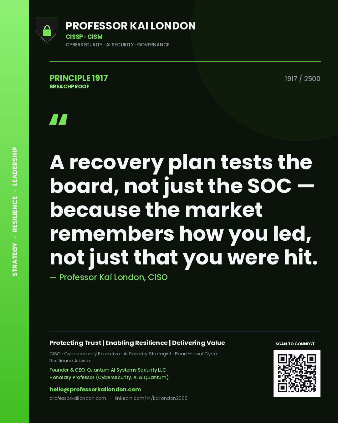 Quote card by Professor Kai London reading 'A recovery plan tests the board, not just the SOC — because the market remembers how you led, not just that you were hit.'. From the book Breachproof.