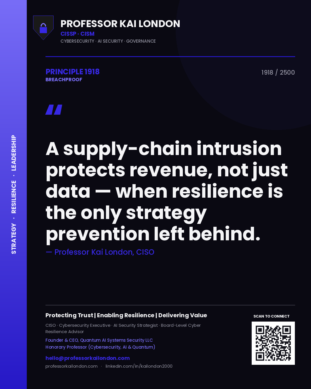 Quote card by Professor Kai London reading 'A supply-chain intrusion protects revenue, not just data — when resilience is the only strategy prevention left behind.'. From the book Breachproof.