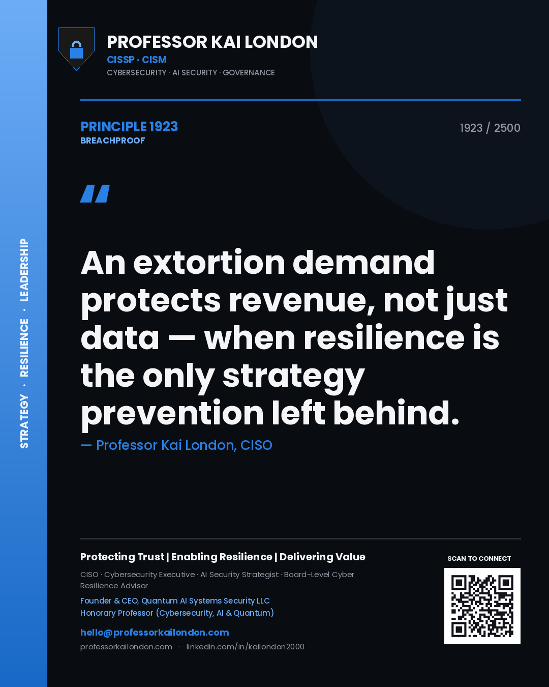 Quote card by Professor Kai London reading 'An extortion demand protects revenue, not just data — when resilience is the only strategy prevention left behind.'. From the book Breachproof.